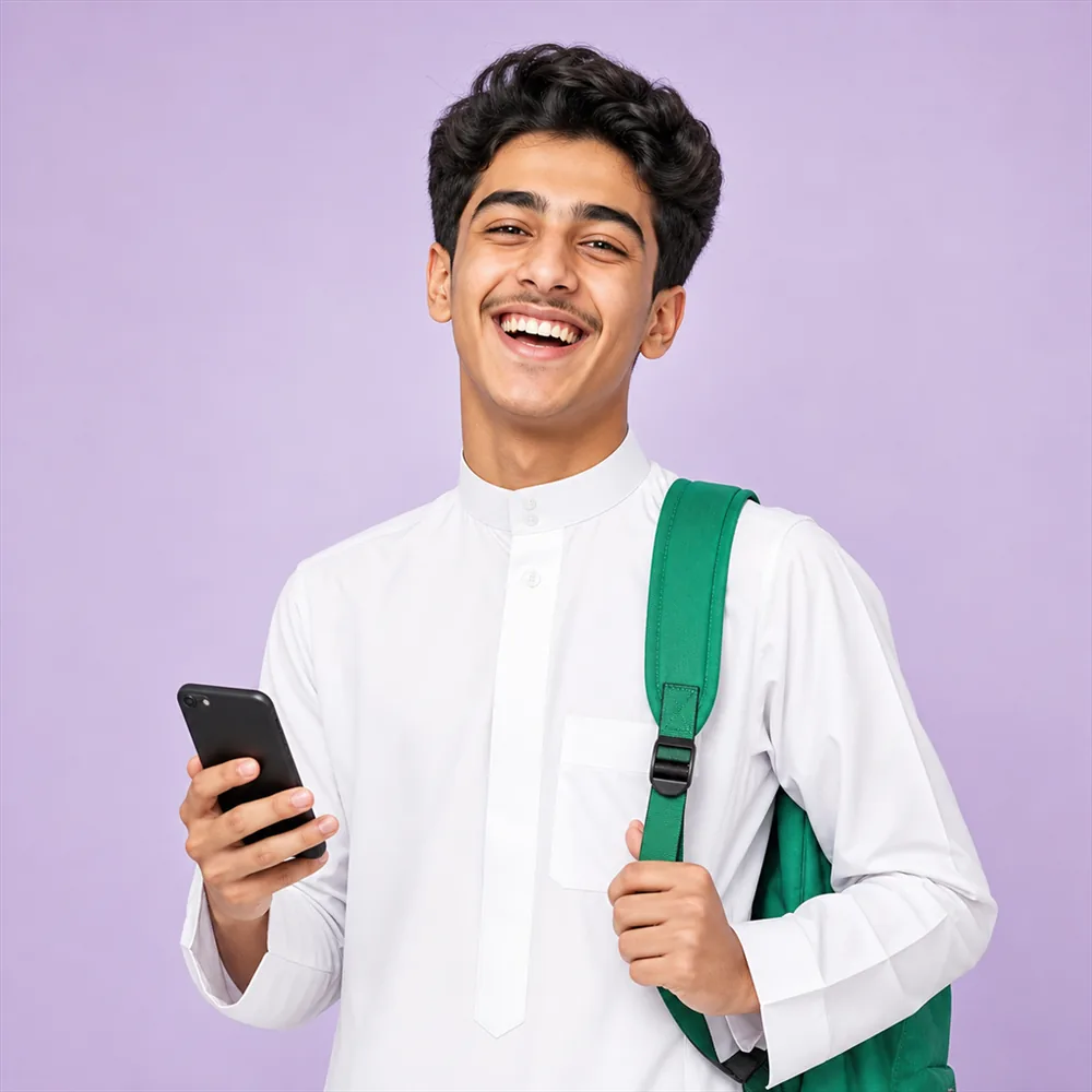 طالب سعودي سعيد يحمل هاتفه وحقيبته